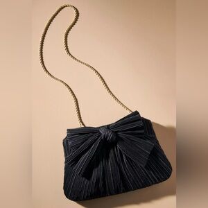 Anthropologie Loeffler Randall Pleated Bow Clutch - black with gold chain